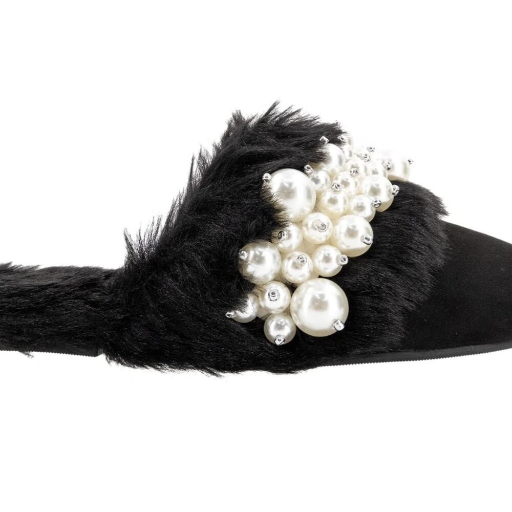 Lauren Lorraine SARITA FAUX FUR SLIPPER SANDAL WITH PEARL DETAILING size 7